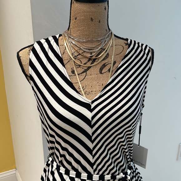 Calvin Klein black and white striped v neck midi sundress - Picture 2 of 5